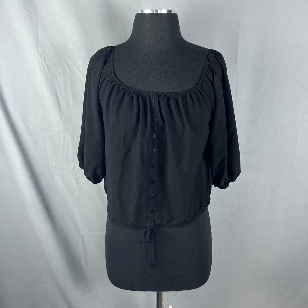 Ambiance Cropped Blouse Top Womens Small Black Rayon Button Front Balloon Sleeve